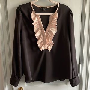 J Crew Black Blouse with Ivory Satin Ruffle Split Neck Size XL